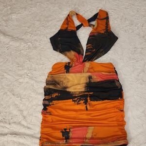 AKIRA Bold Backless Dress in Orange and Black
